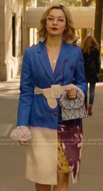 Pepper's blue floral coat on Katy Keene