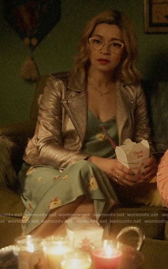 Pepper's green printed midi dress and metallic leather moto jacket on Katy Keene