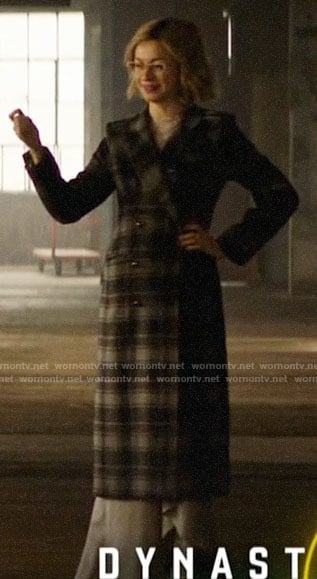 Pepper's long plaid coat and white boots on Katy Keene