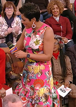 Tamron's pink butterfly and shell print dress on Tamron Hall Show