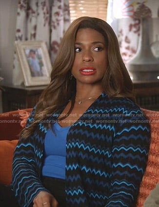Poppy's blue zig-zag stripe cardigan on Single Parents