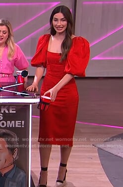 Lily Aldridge's red puff sleeve midi dress on The Kelly Clarkson Show