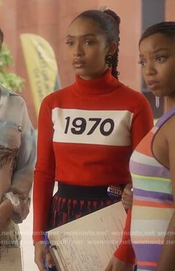 Zoey's red 1970 turtleneck sweater on Grown-ish