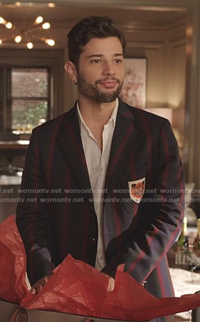 Sam's striped blazer with tiger patch on Dynasty