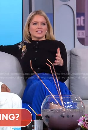 Sara's embellished cardigan and blue pleated skirt on GMA Strahan Sara And Keke