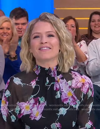 Sara's black floral smocked neck blouse on Good Morning America