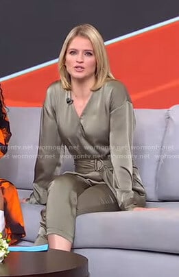 Sara's green belted satin jumpsuit on GMA Strahan Sara And Keke