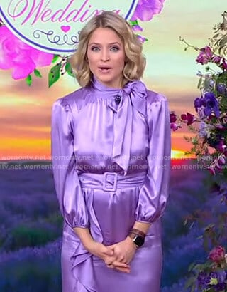 Sara's lilac tie neck satin dress on GMA Strahan Sara And Keke