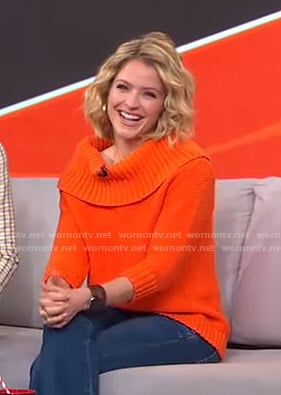 Sara's orange off-shoulder sweater on GMA Strahan Sara And Keke