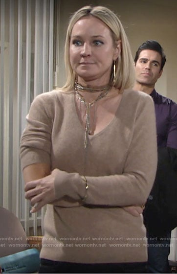 Sharon's beige v-neck sweater on The Young and the Restless