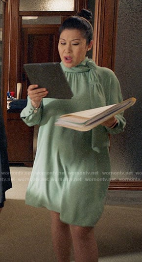 Sherri's green tie neck shift dress on All Rise
