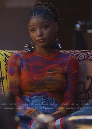 Skylar's orange tie dye mesh top on Grown-ish