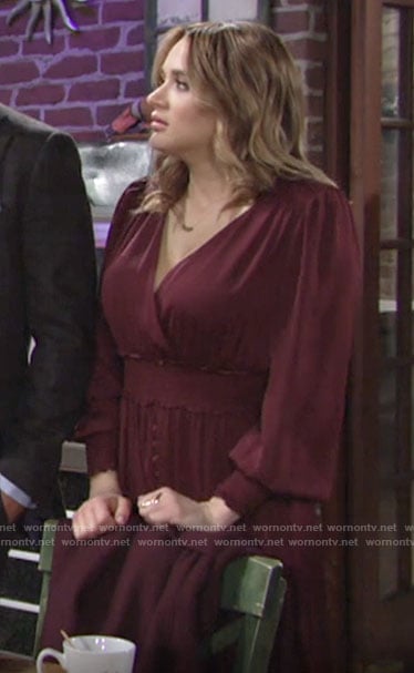 Summer's burgundy long sleeved smocked waist dress on The Young and the Restless