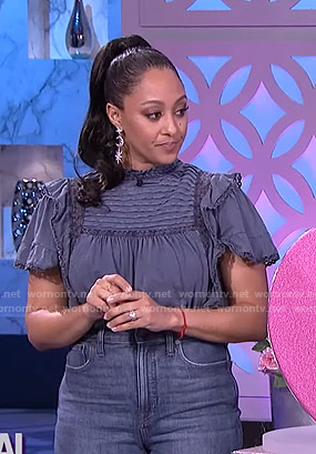 Tamera's blue ruffle lace inset top on The Real