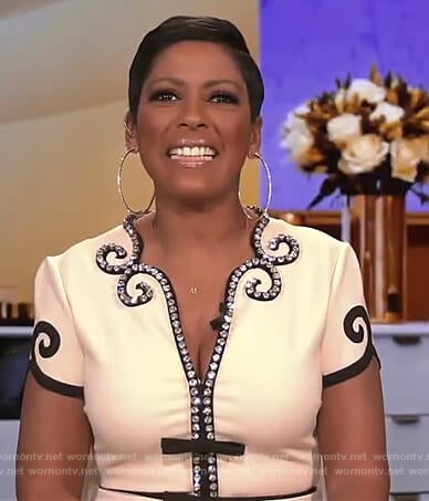 Tamron's white crystal trim embellished dress on Tamron Hall Show