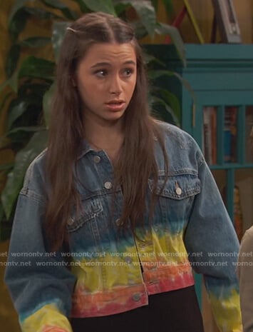 Tess's denim rainbow tie dye jacket on Ravens Home