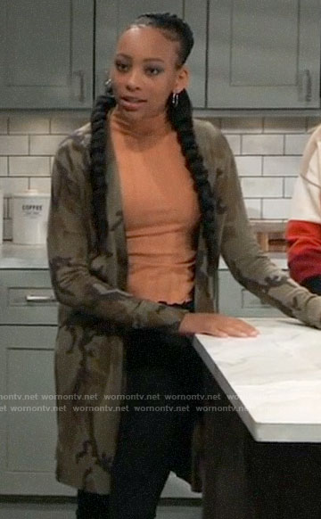 Trina's long camo cardigan on General Hospital