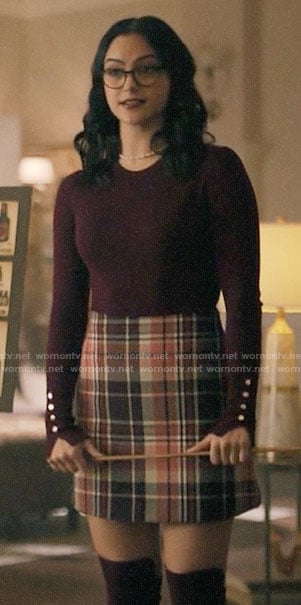 Veronica's plaid skirt and burgundy button cuff top on Riverdale
