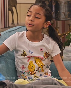 Ami's white bird and butterfly print tee on Family Reunion