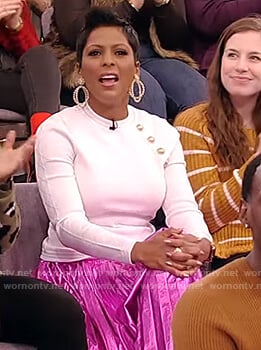 Tamron's white button embellished sweater on Tamron Hall Show