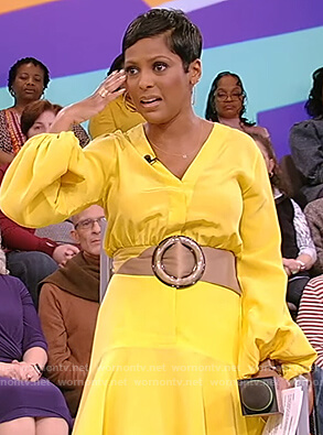 Tamron's yellow belted dress on Tamron Hall Show