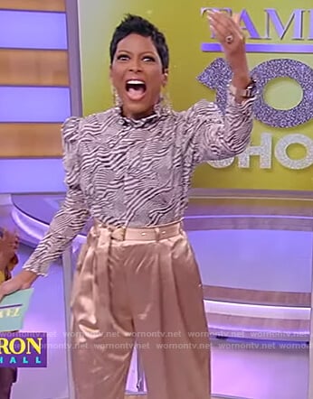 Tamron's printed mock neck top and pants on Tamron Hall Show
