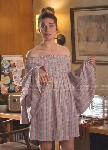 Alexis's off-shoulder bell sleeve dress on Schitts Creek