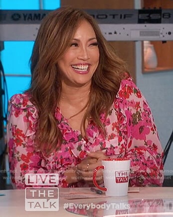 Carrie's pink floral ruffle dress on The Talk