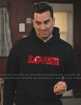 David's black sequin Lover hoodie on Schitts Creek
