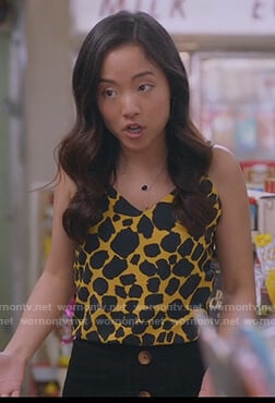 Janet's yellow giraffe print cami on Kims Convenience