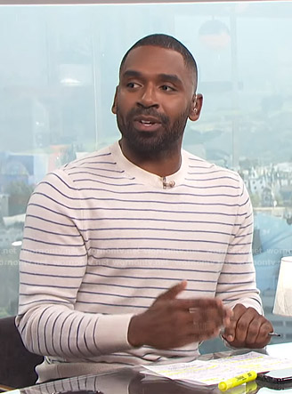 Justin's white striped sweater on E! News Daily Pop