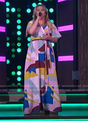 Kelly's geometric print wrap dress on The Kelly Clarkson Show