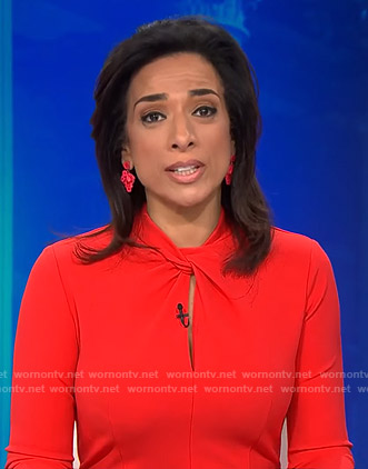 Michelle Miller's red twisted neckline dress on CBS This Morning