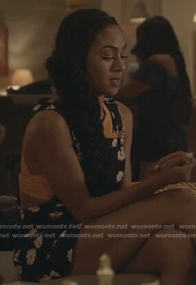 Patience's black floral overall dress on All American