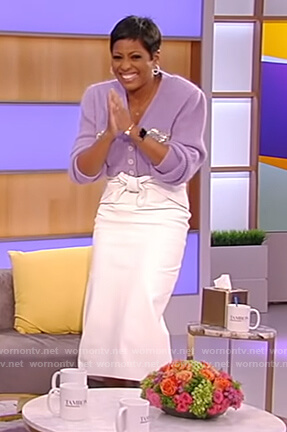 Tamron's bow embellished cardigan on Tamron Hall Show