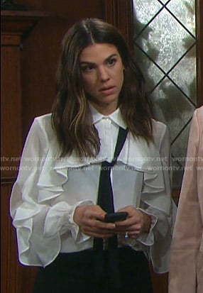 Abigail's white ruffled blouse with tie neck on Days of our Lives