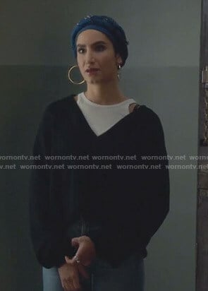 Adena's black v-neck sweater on The Bold Type