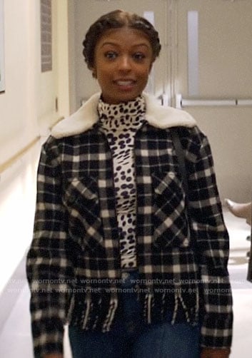Ali's black plaid jacket with fringed hem on God Friended Me