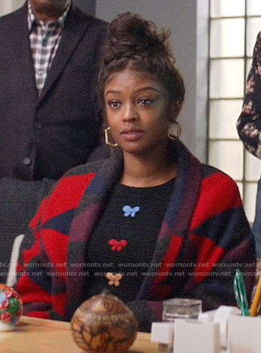 Ali's bow sweater and red geometric print cardigan on God Friended Me