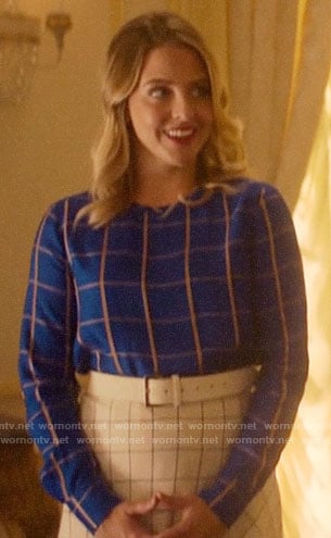 Amanda's blue checked top and white checked skirt on Katy Keene