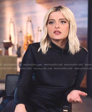 Bebe Rexha's black mock neck asymmetric dress on The Voice