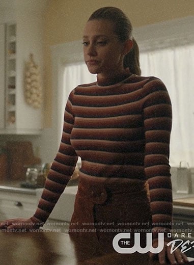Betty's tan button front skirt and striped top on Riverdale