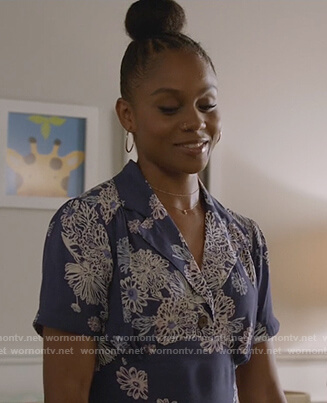 Simone's blue floral wrap dress on All American