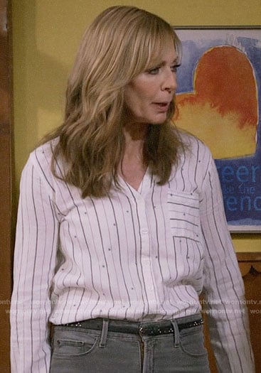 Bonnie's white stripe and dot print button front top on Mom