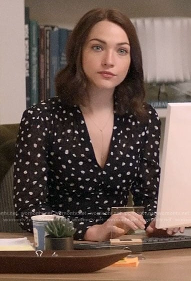 Cara's black dot print top on God Friended Me