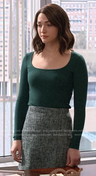 Cara's green ribbed top and tweed skirt on God Friended Me