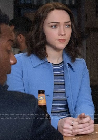 Cara's blue and grey striped sweater on God Friended Me
