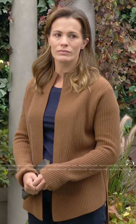 Chelsea's tan belted cardigan on The Young and the Restless