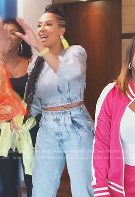 Tanya's denim puff sleeve top on The Real Housewives of Atlanta