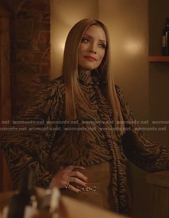 Dominique's animal print tie neck blouse on Dynasty